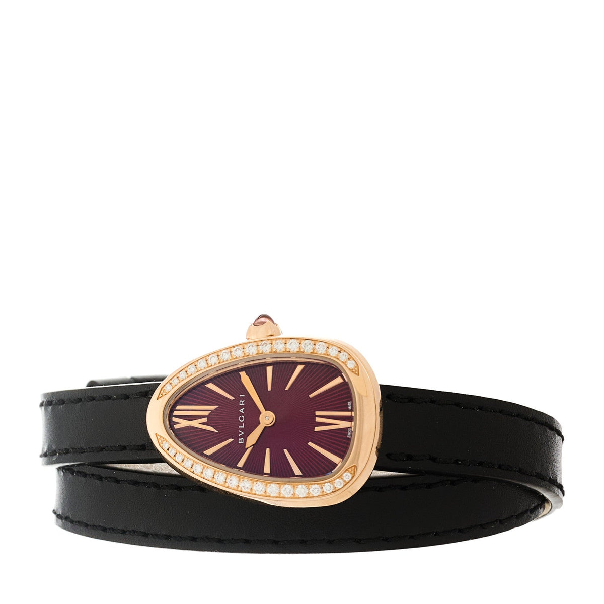 18K Rose Gold Calfskin Diamond Bezel 27mm Serpenti Double Wrap Quartz Watch Red
