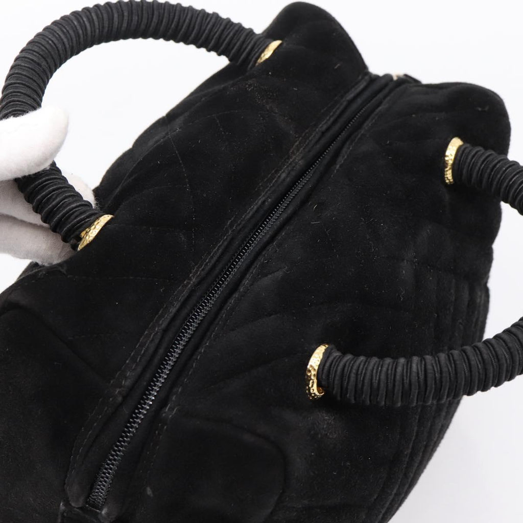 PRADA Hand Bag Suede Black Gold Auth 197809