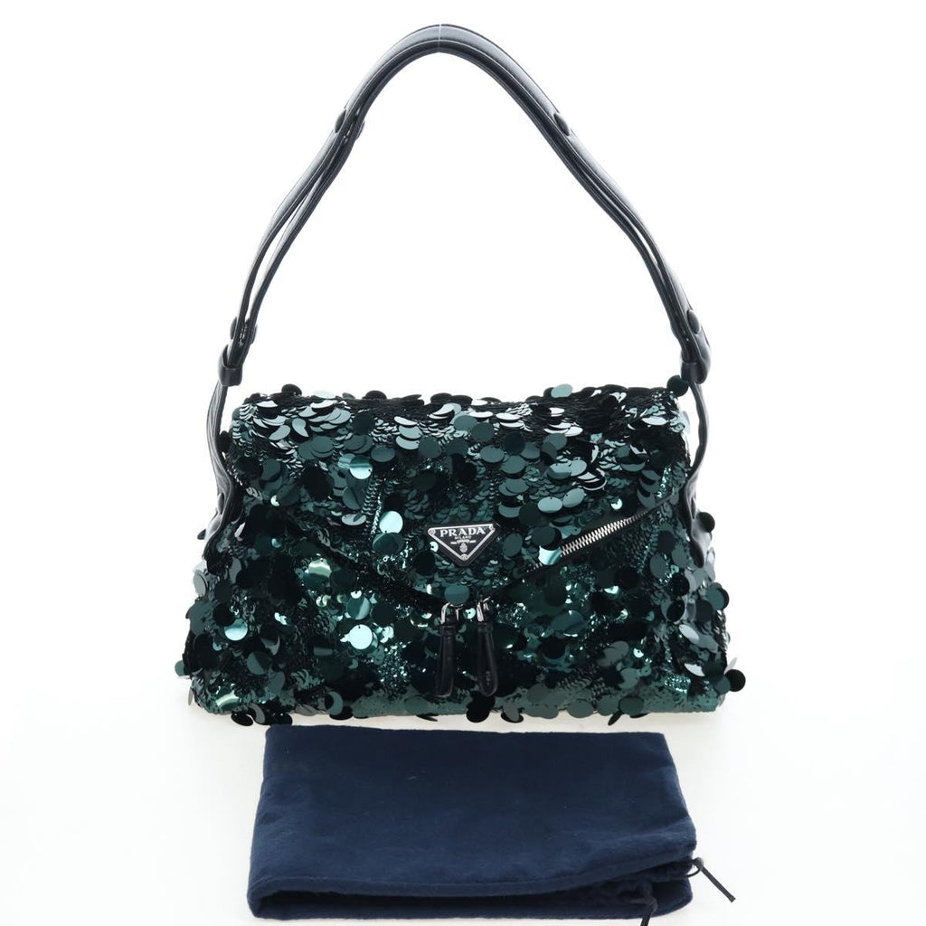 PRADA Shoulder Bag Sequin Green Silver Auth 199336SM