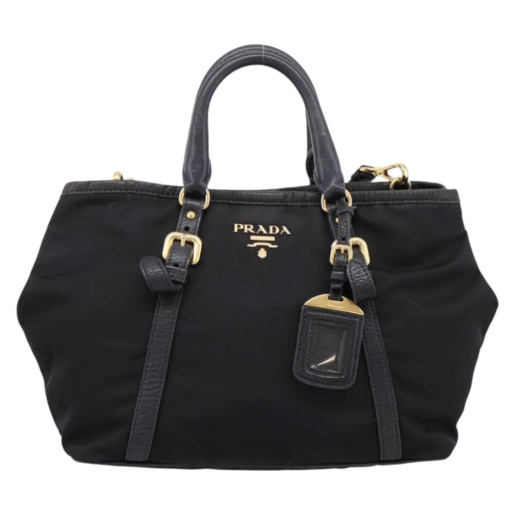 PRADA Hand Bag Nylon Leather 2way Black Gold Auth 199485A