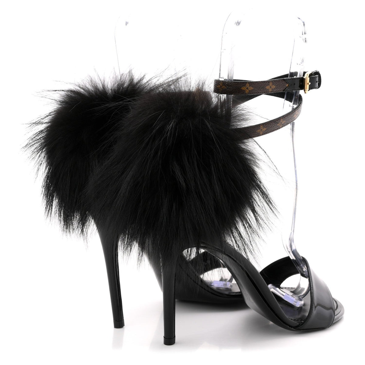 Monogram Patent Fur Sandals 38 Black