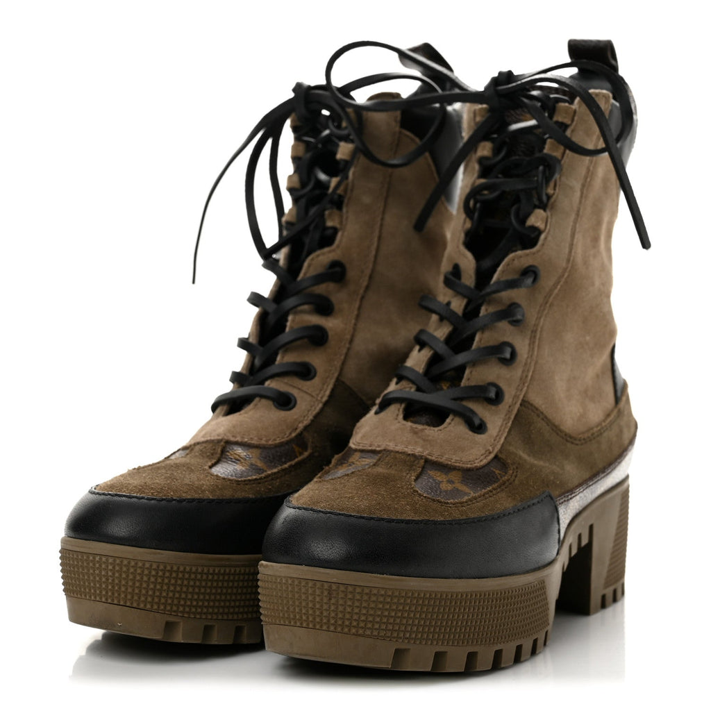 Suede Calfskin Monogram Laureate Platform Desert Boots 38 Taupe
