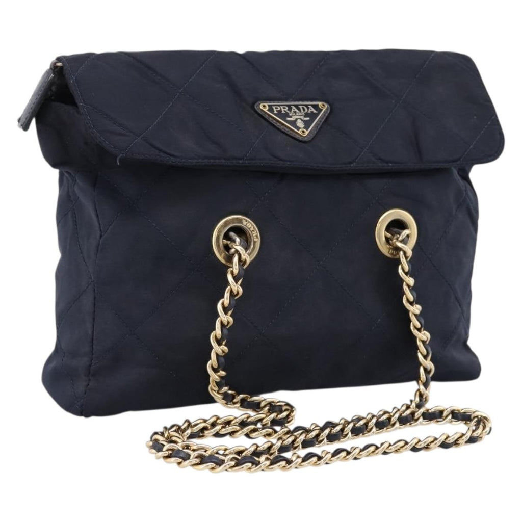 PRADA Chain Shoulder Bag Nylon Navy Gold Tone Auth 201216
