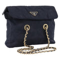 PRADA Chain Shoulder Bag Nylon Navy Gold Tone Auth 201216