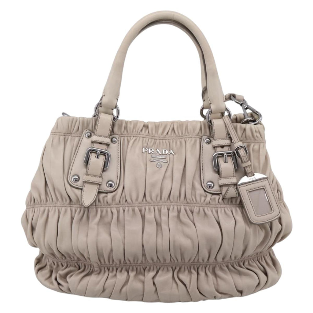 PRADA Gathered Hand Bag Leather 2way Beige Silver Auth 201361V