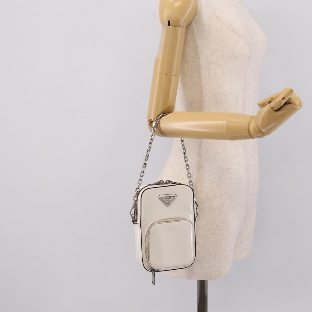 PRADA Chain Shoulder Bag Leather White Silver Auth 202662