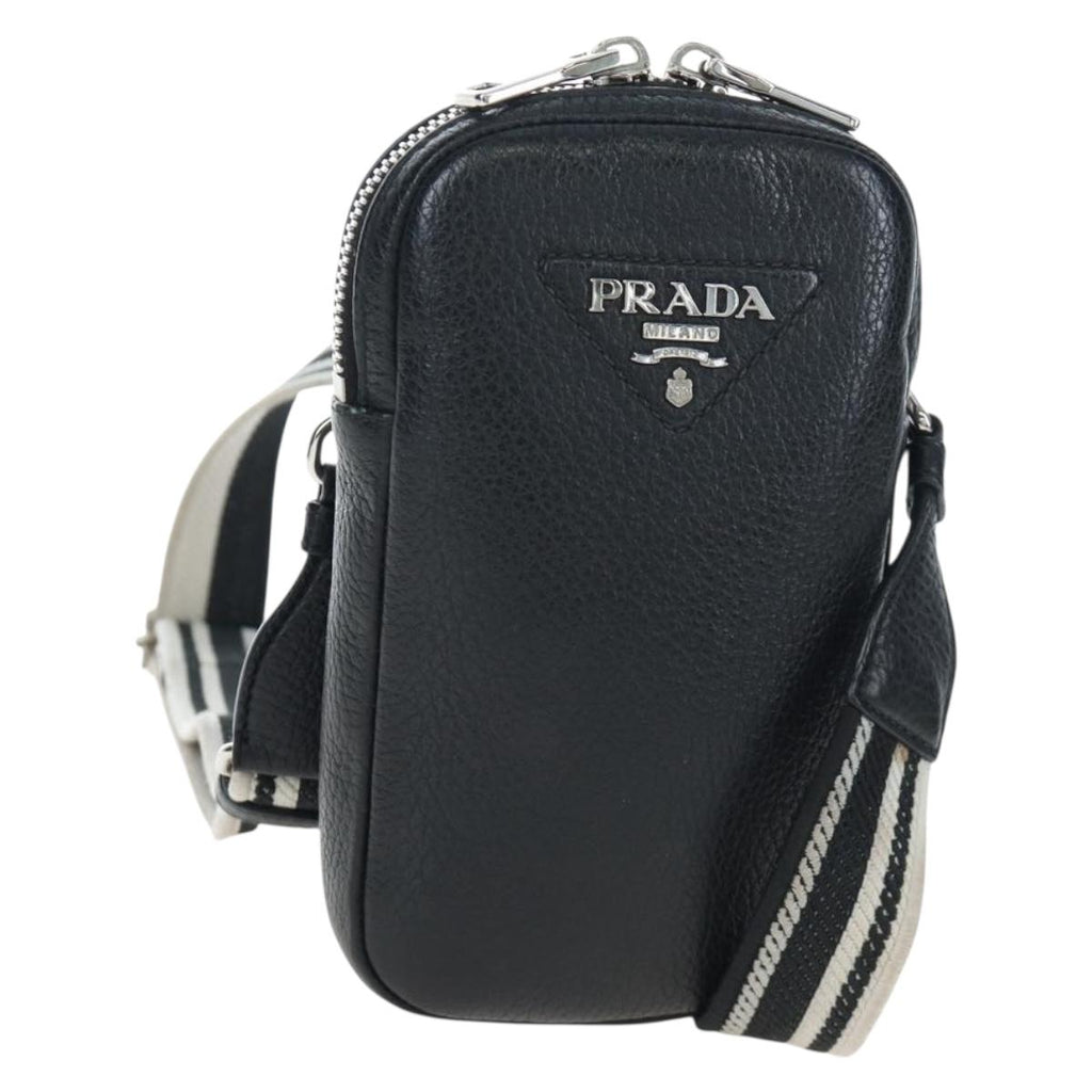 PRADA Shoulder Bag Vittero Dino Leather Black Silver Auth 202911V