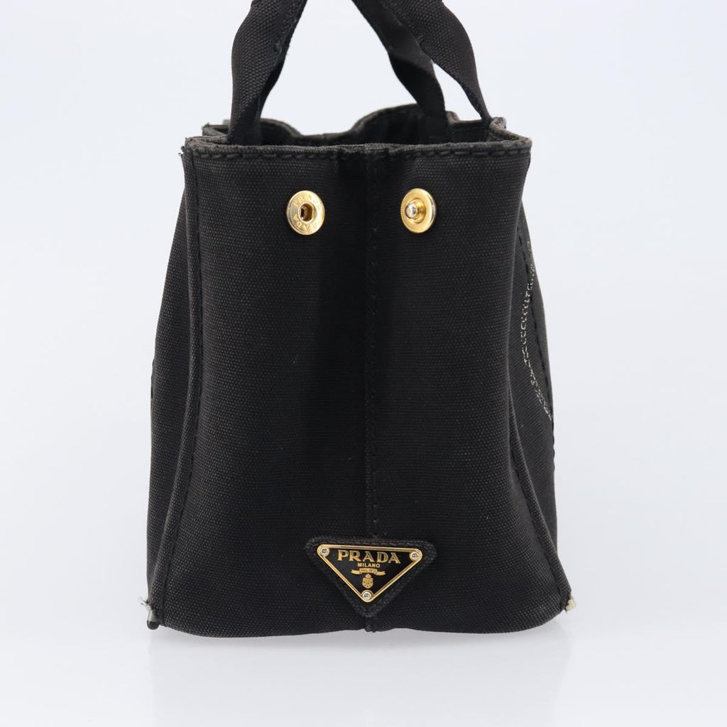PRADA Canapa PM Hand Bag Canvas Black Gold Tone Auth 204699