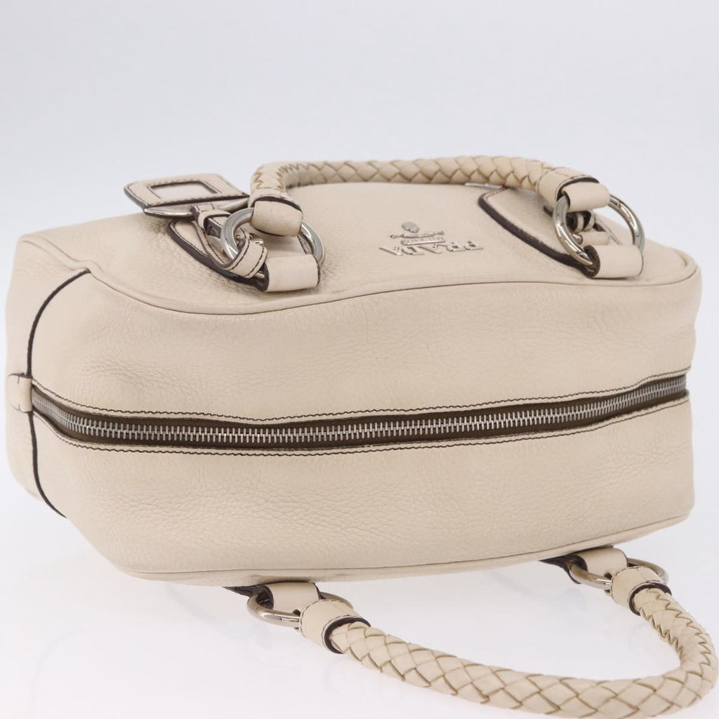 PRADA Hand Bag Leather White Silver Auth 204740A