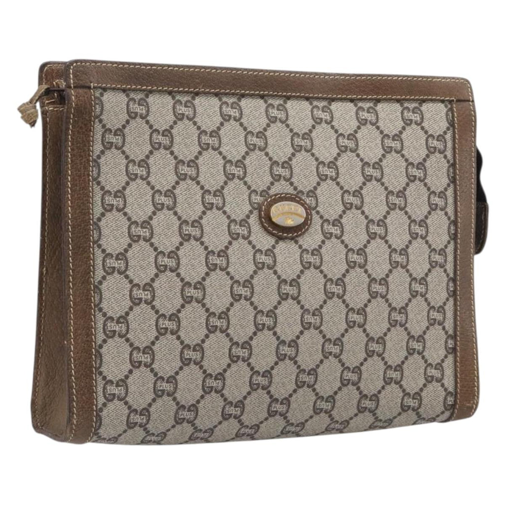 GUCCI GG Plus Supreme Clutch Bag PVC Beige Gold Auth 205064