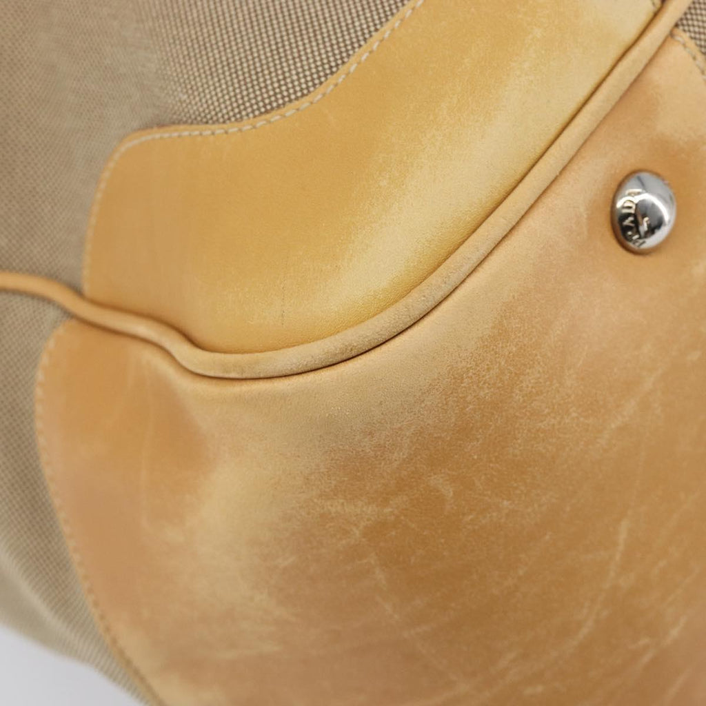 PRADA Hand Bag Canvas Beige Silver Auth 206536