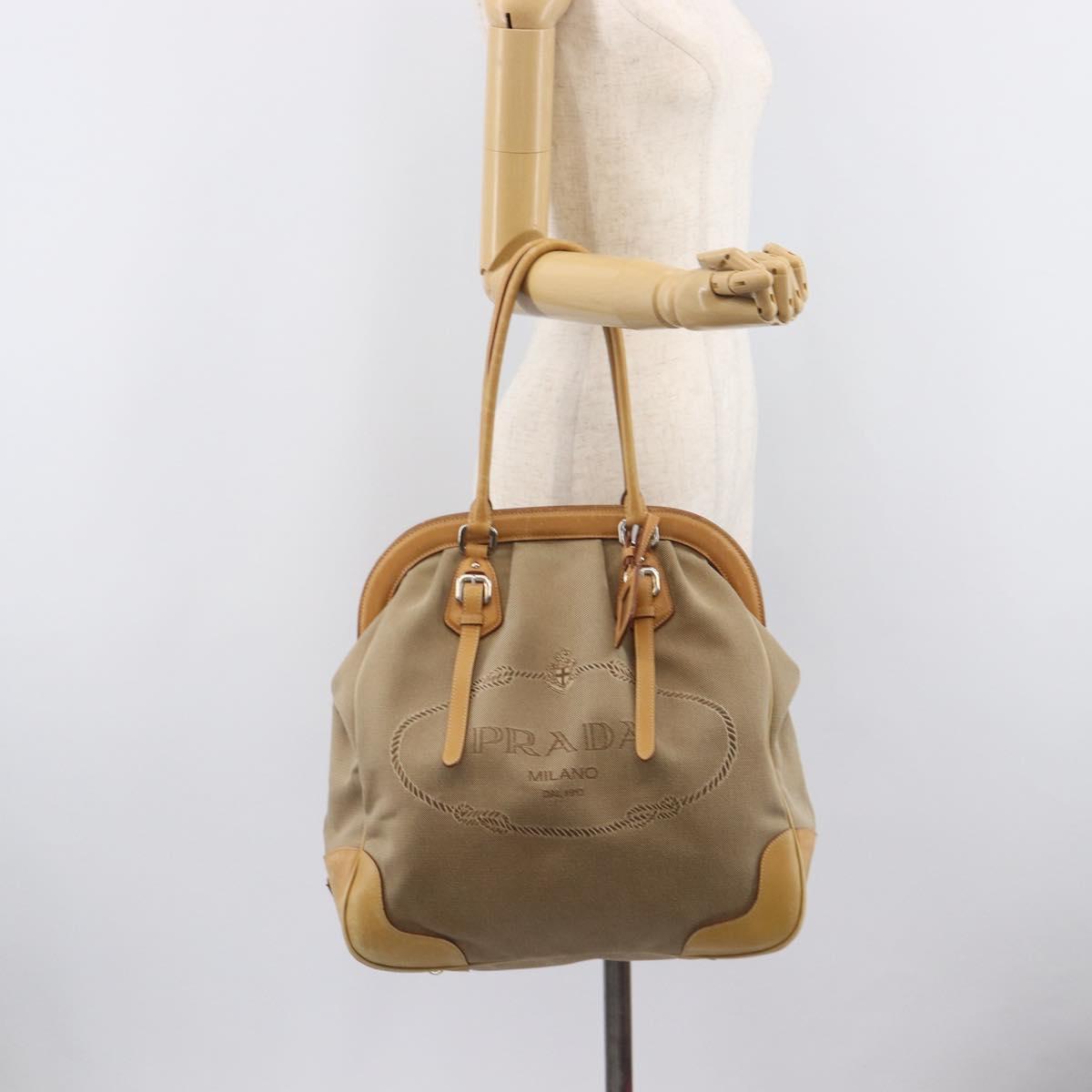 PRADA Hand Bag Canvas Beige Silver Auth 206536