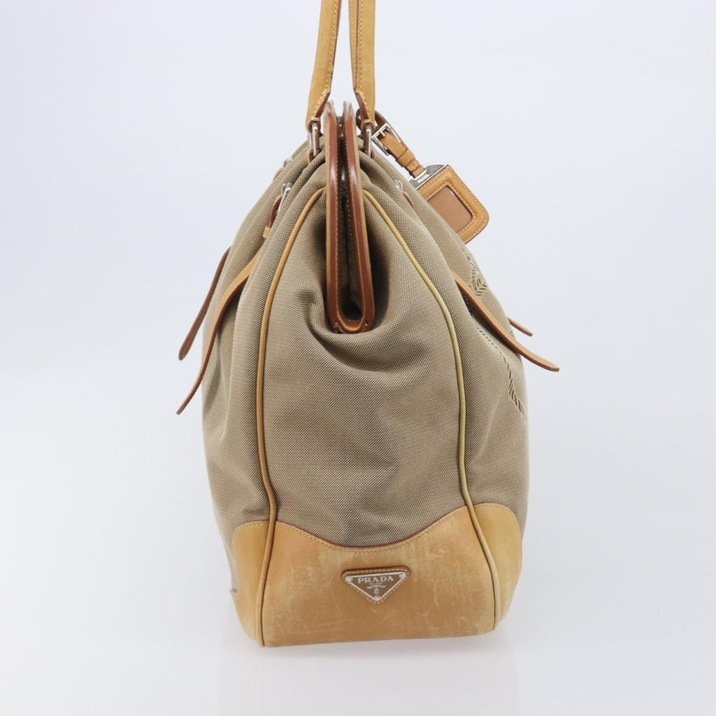 PRADA Hand Bag Canvas Beige Silver Auth 206536