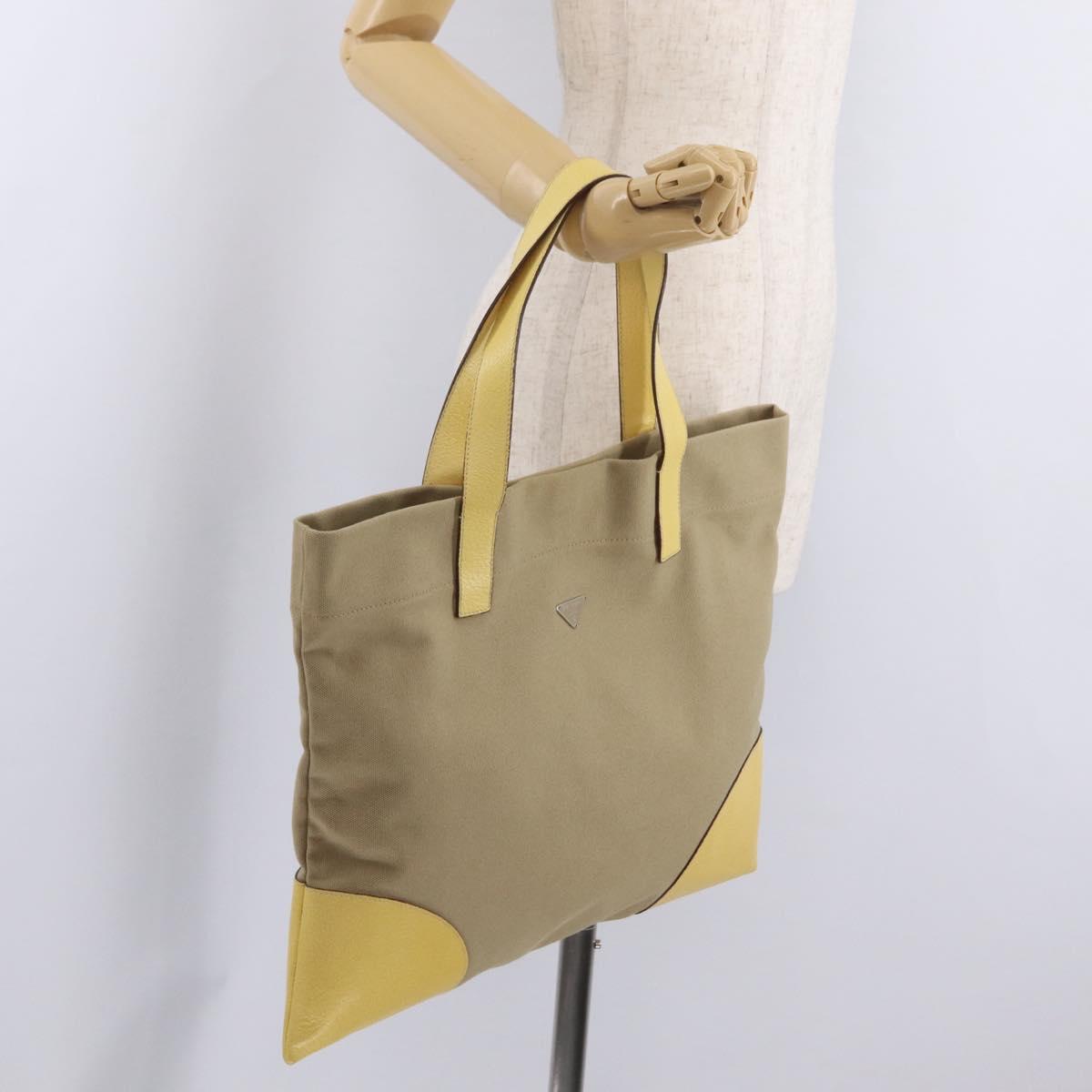 PRADA Hand Bag Canvas Beige Silver Auth 206790A