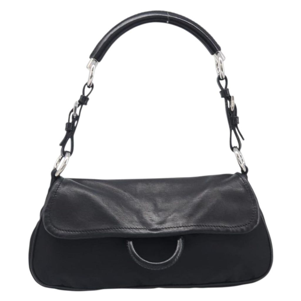 PRADA Shoulder Bag Leather Nylon Black Silver Auth 206861V