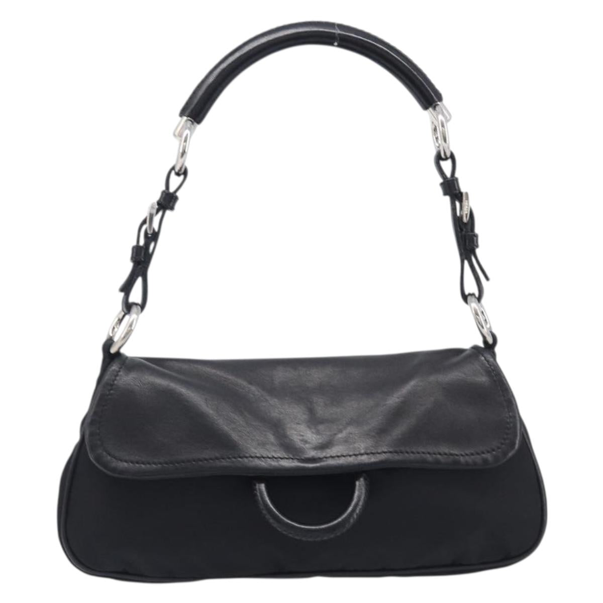PRADA Shoulder Bag Leather Nylon Black Silver Auth 206861V