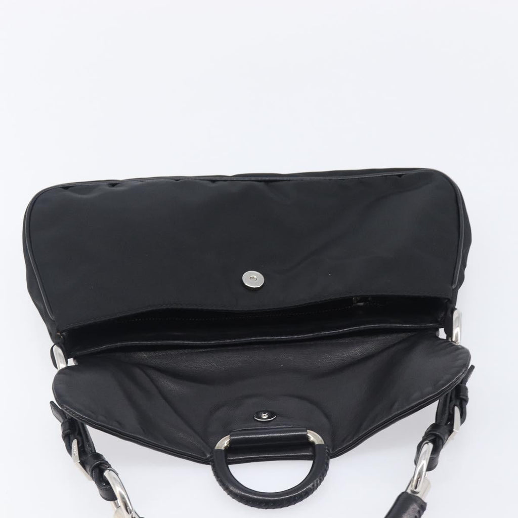PRADA Shoulder Bag Leather Nylon Black Silver Auth 206861V