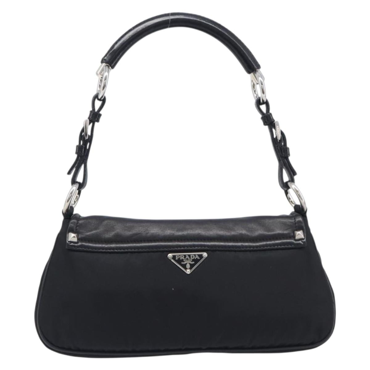 PRADA Shoulder Bag Leather Nylon Black Silver Auth 206861V