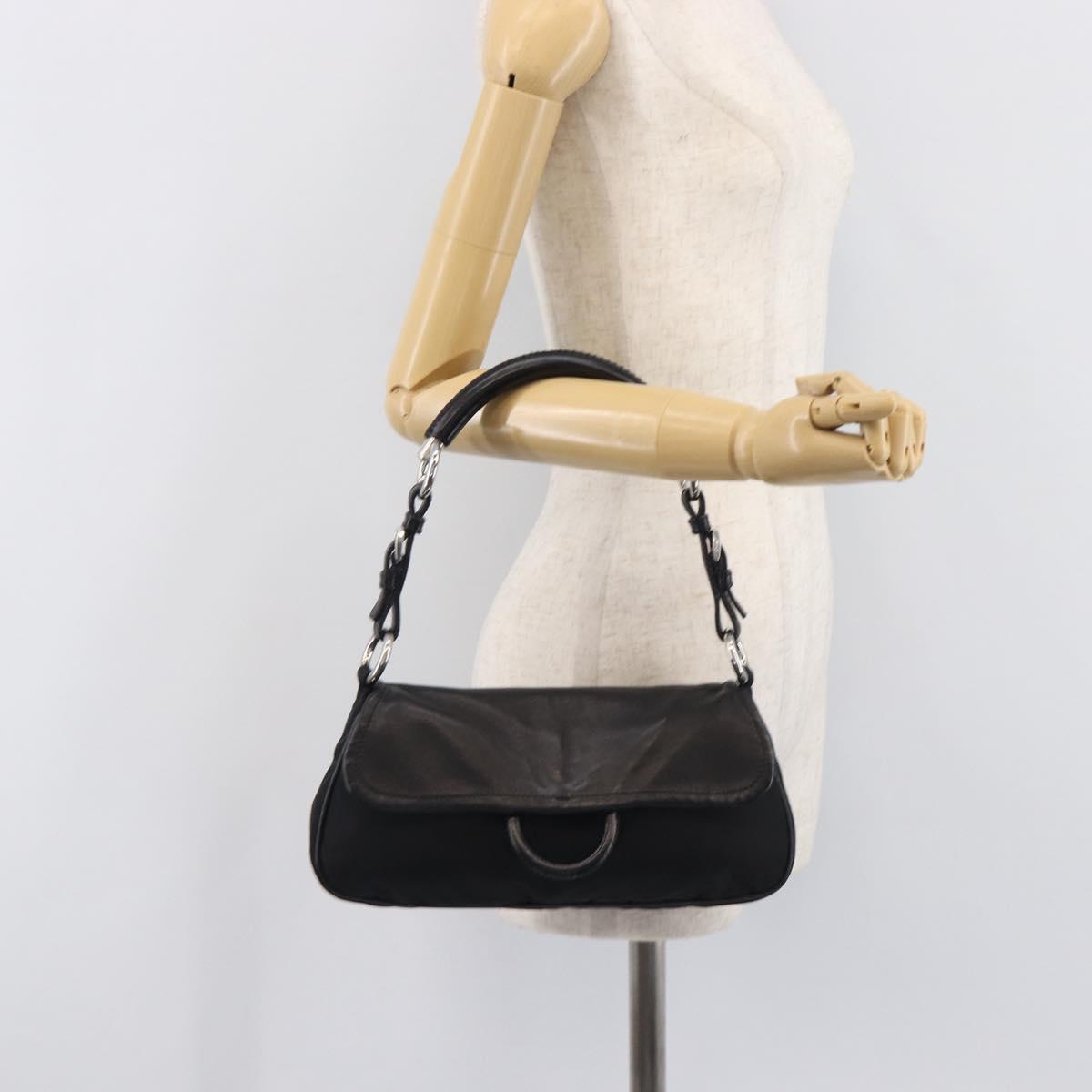 PRADA Shoulder Bag Leather Nylon Black Silver Auth 206861V