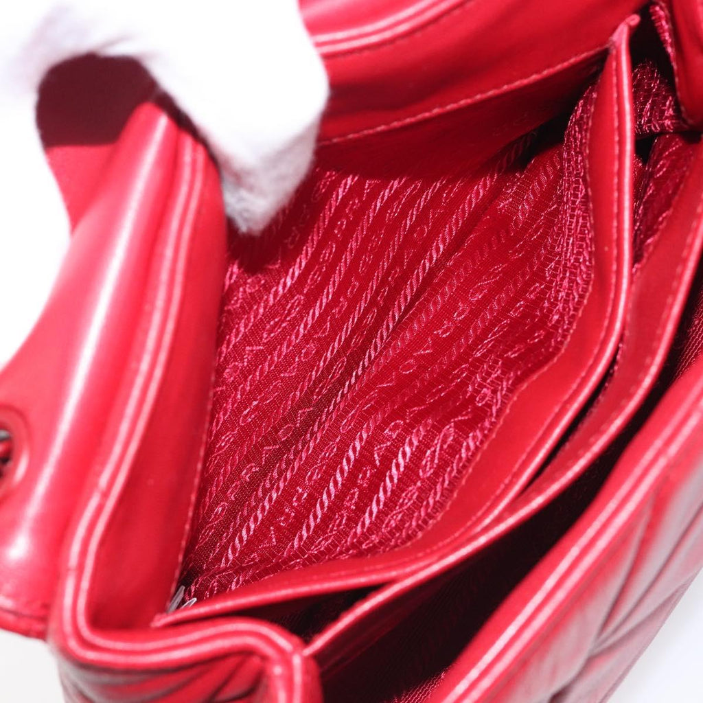 PRADA Chain Shoulder Bag Leather Red Silver Auth 206931V