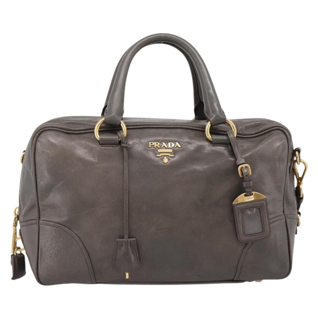 PRADA Hand Bag Leather 2way Gray Gold Auth 207067A
