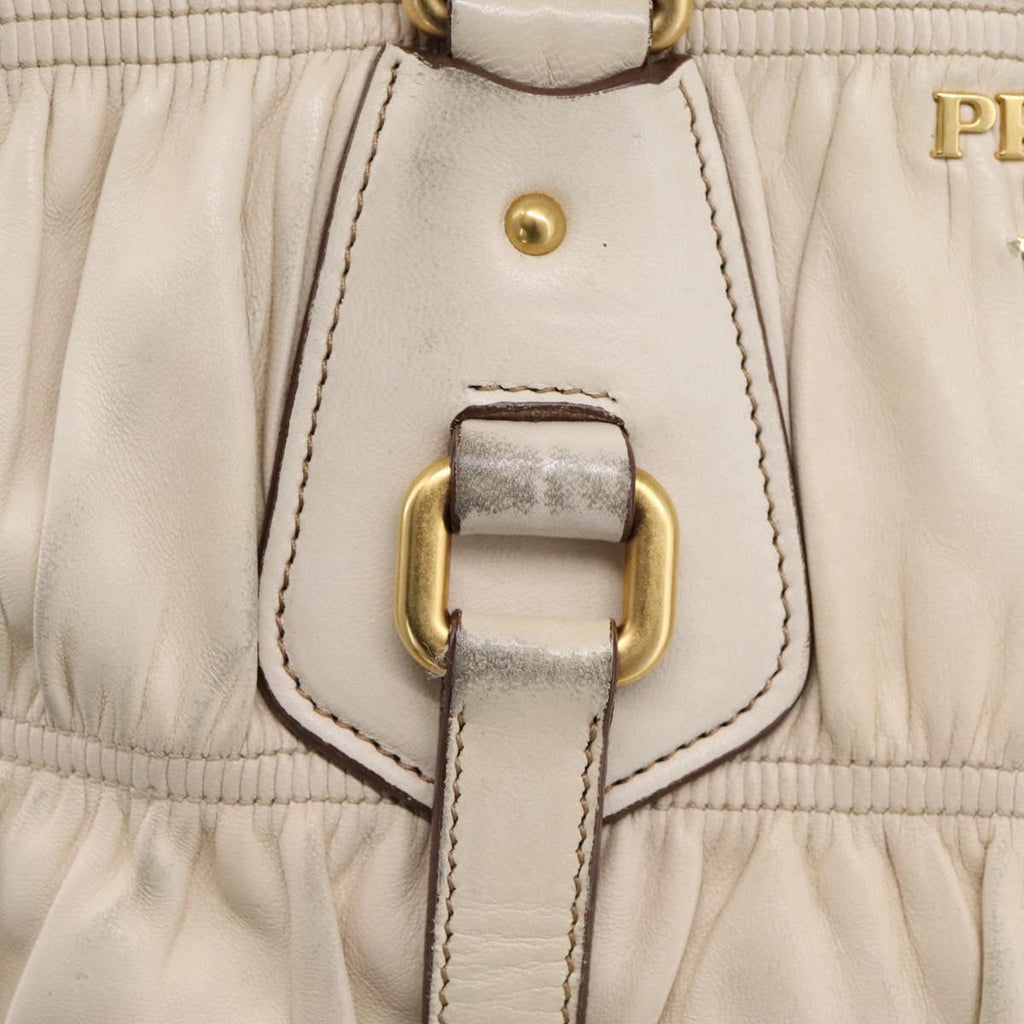 PRADA Gathered Hand Bag Leather 2way Beige Gold Auth 207092A