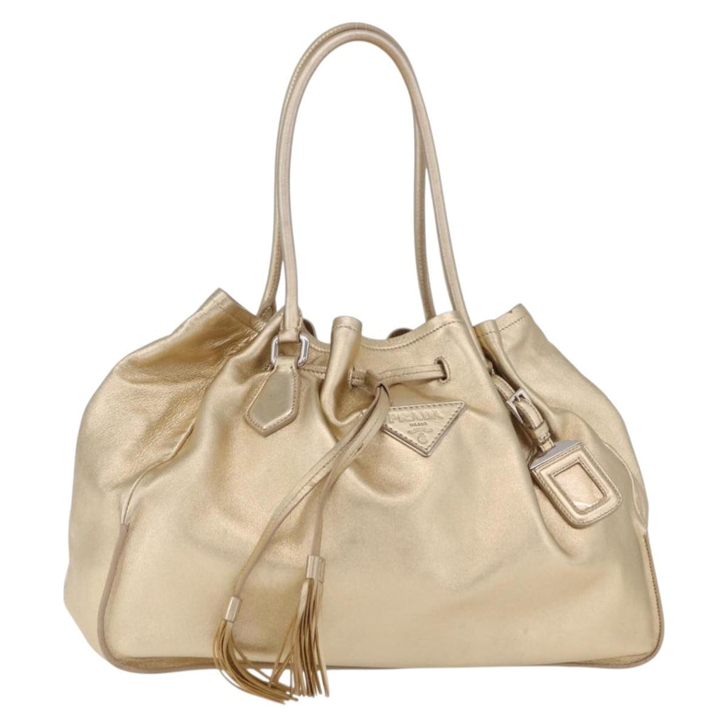 PRADA Tote Bag Leather Gold Silver Auth 207552A