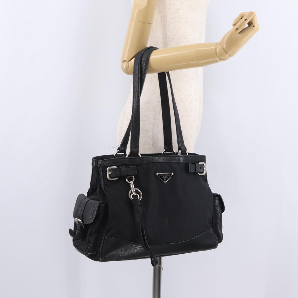 PRADA Tote Bag Nylon Black Silver Auth 207682