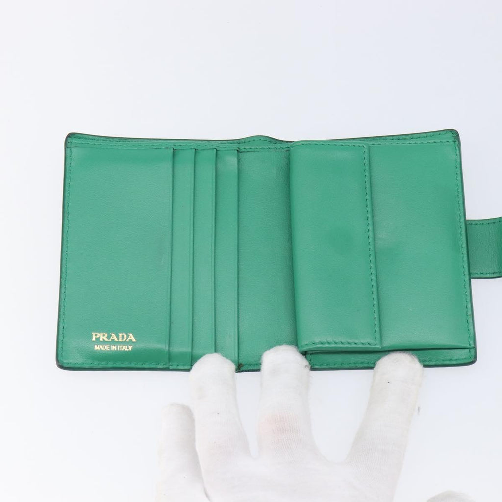 PRADA Compact Wallet Saffiano leather Green Gold Tone Auth 208099V