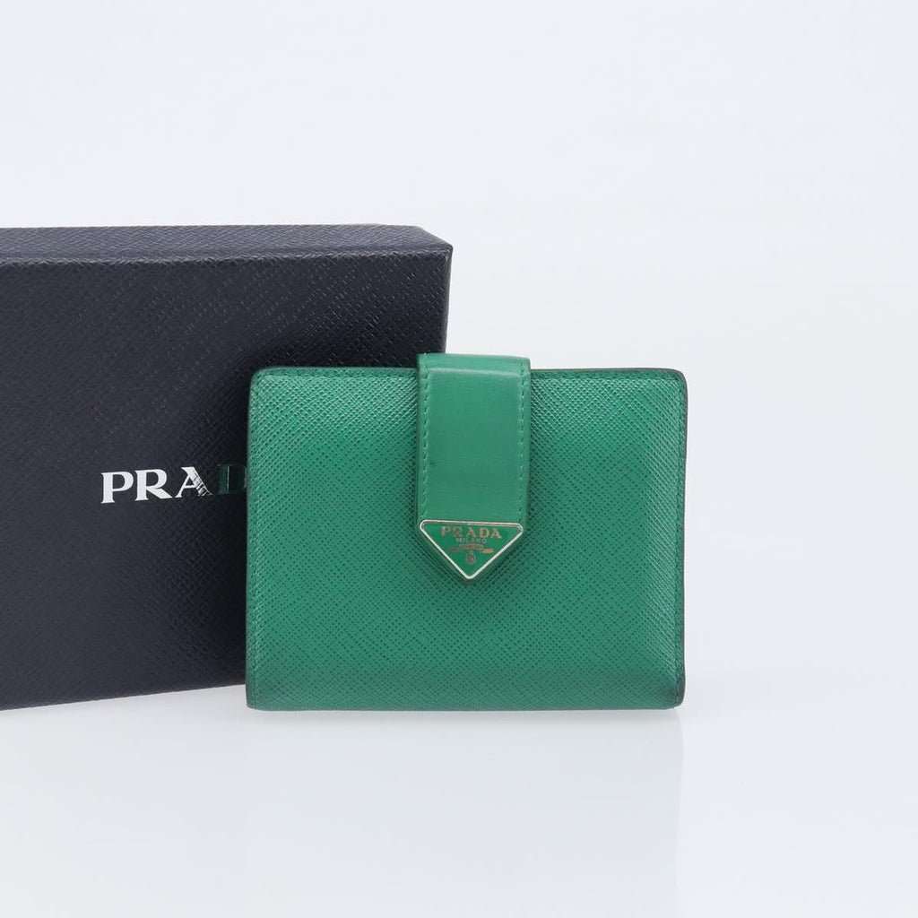 PRADA Compact Wallet Saffiano leather Green Gold Tone Auth 208099V
