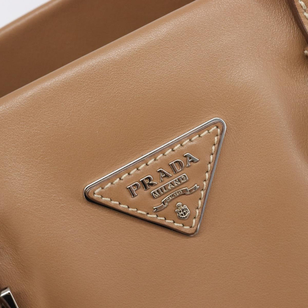 PRADA Tote Bag Leather Beige Silver Auth 208753V