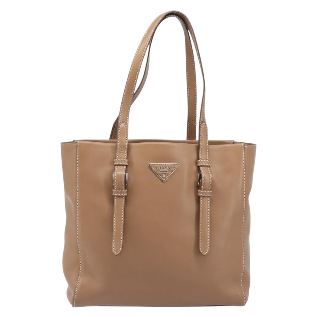 PRADA Tote Bag Leather Beige Silver Auth 208753V