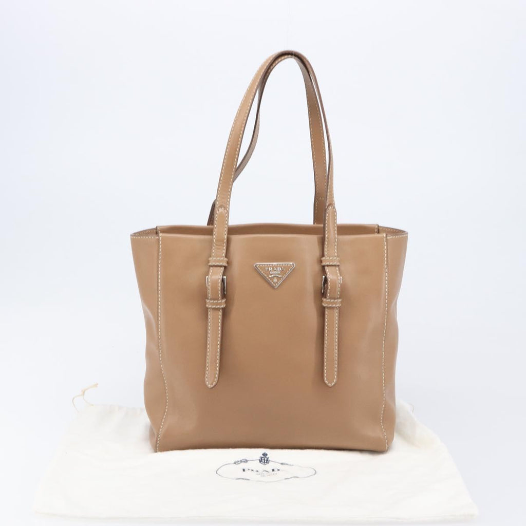 PRADA Tote Bag Leather Beige Silver Auth 208753V