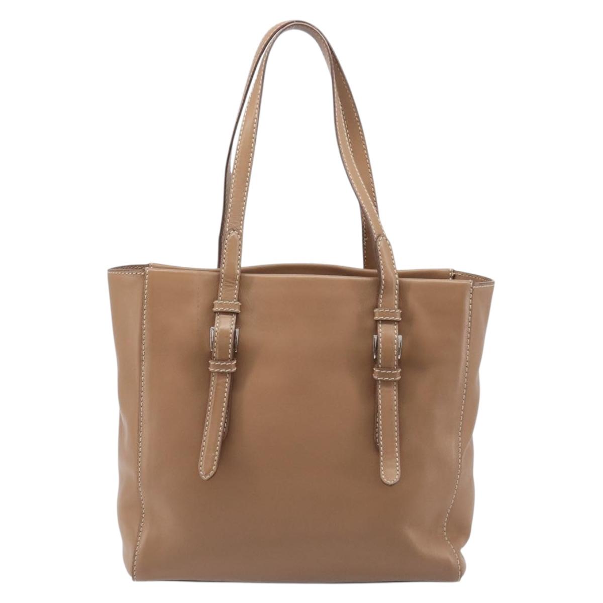 PRADA Tote Bag Leather Beige Silver Auth 208753V