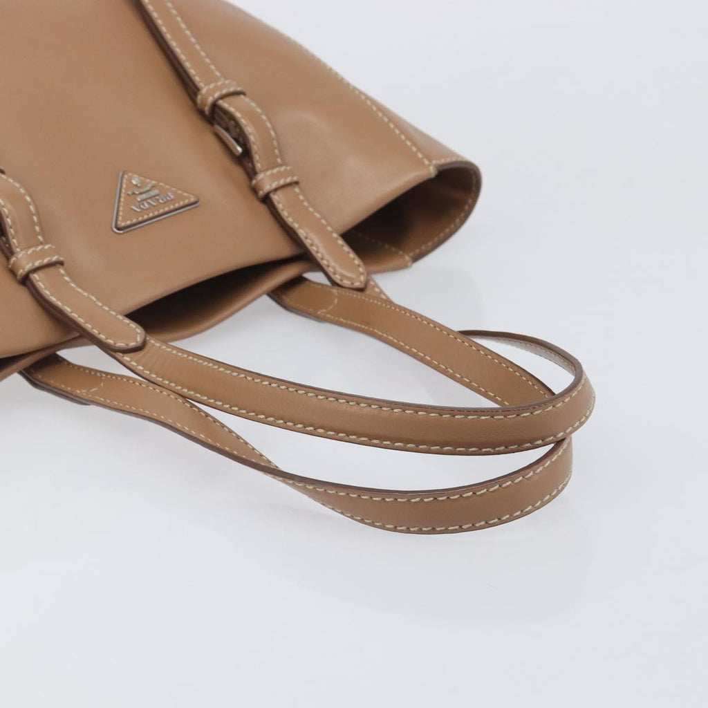 PRADA Tote Bag Leather Beige Silver Auth 208753V