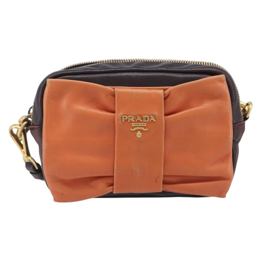 PRADA Shoulder Bag Leather Brown Gold Auth 208810