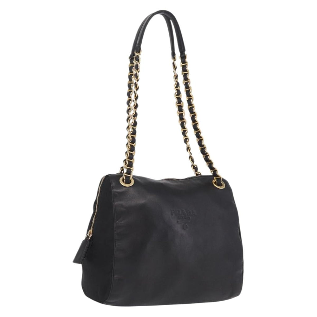PRADA Chain Shoulder Bag Leather Black Gold Auth 209449V