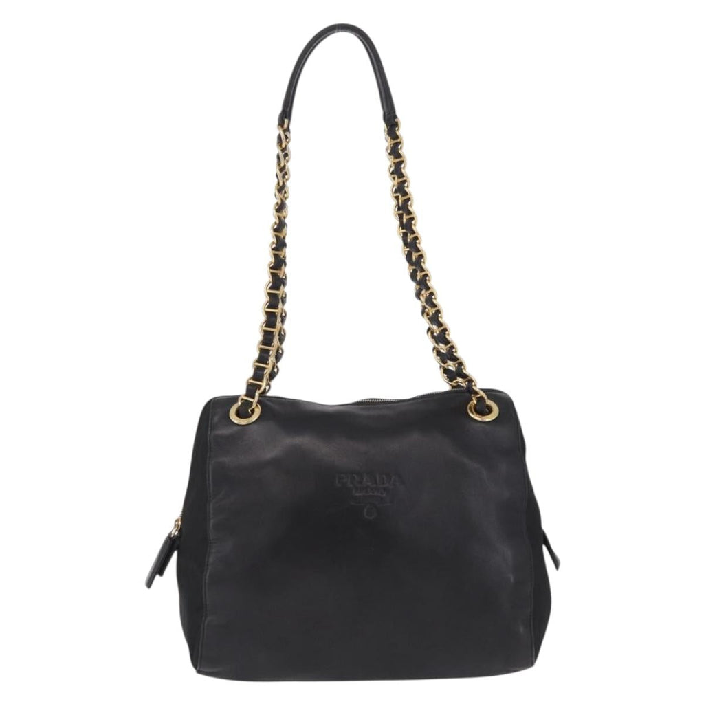 PRADA Chain Shoulder Bag Leather Black Gold Auth 209449V