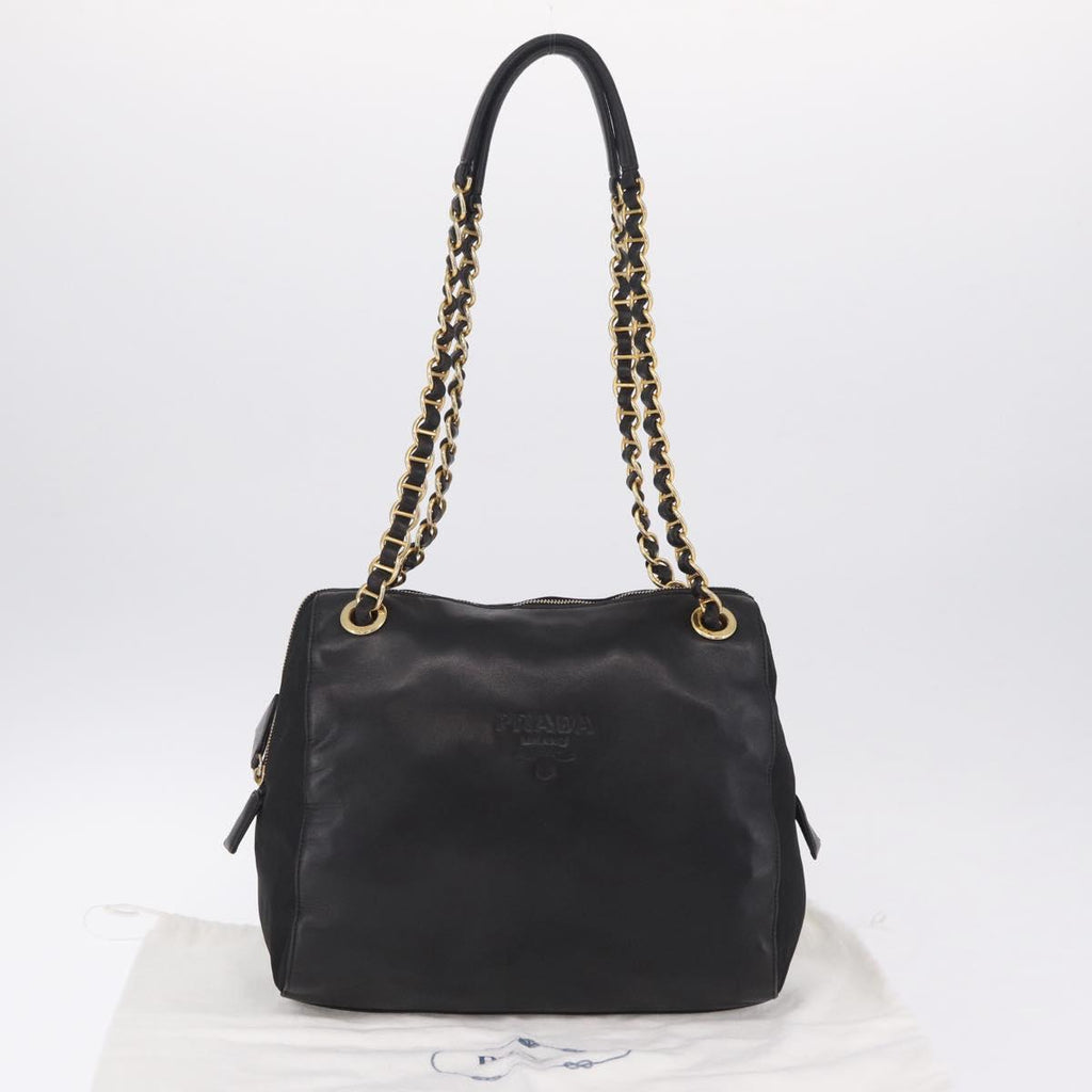 PRADA Chain Shoulder Bag Leather Black Gold Auth 209449V