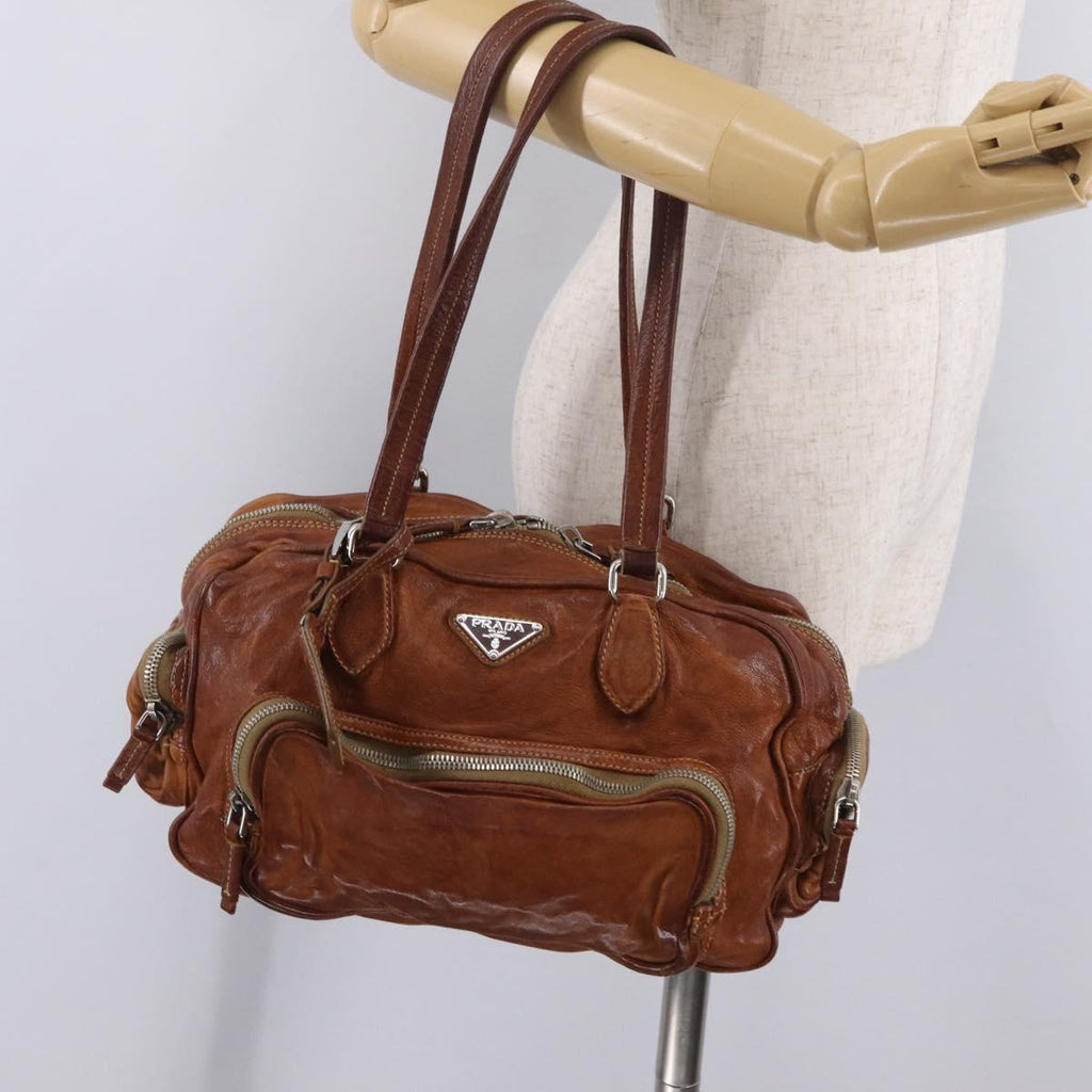 PRADA Tote Bag Leather Brown Silver Auth 209547V