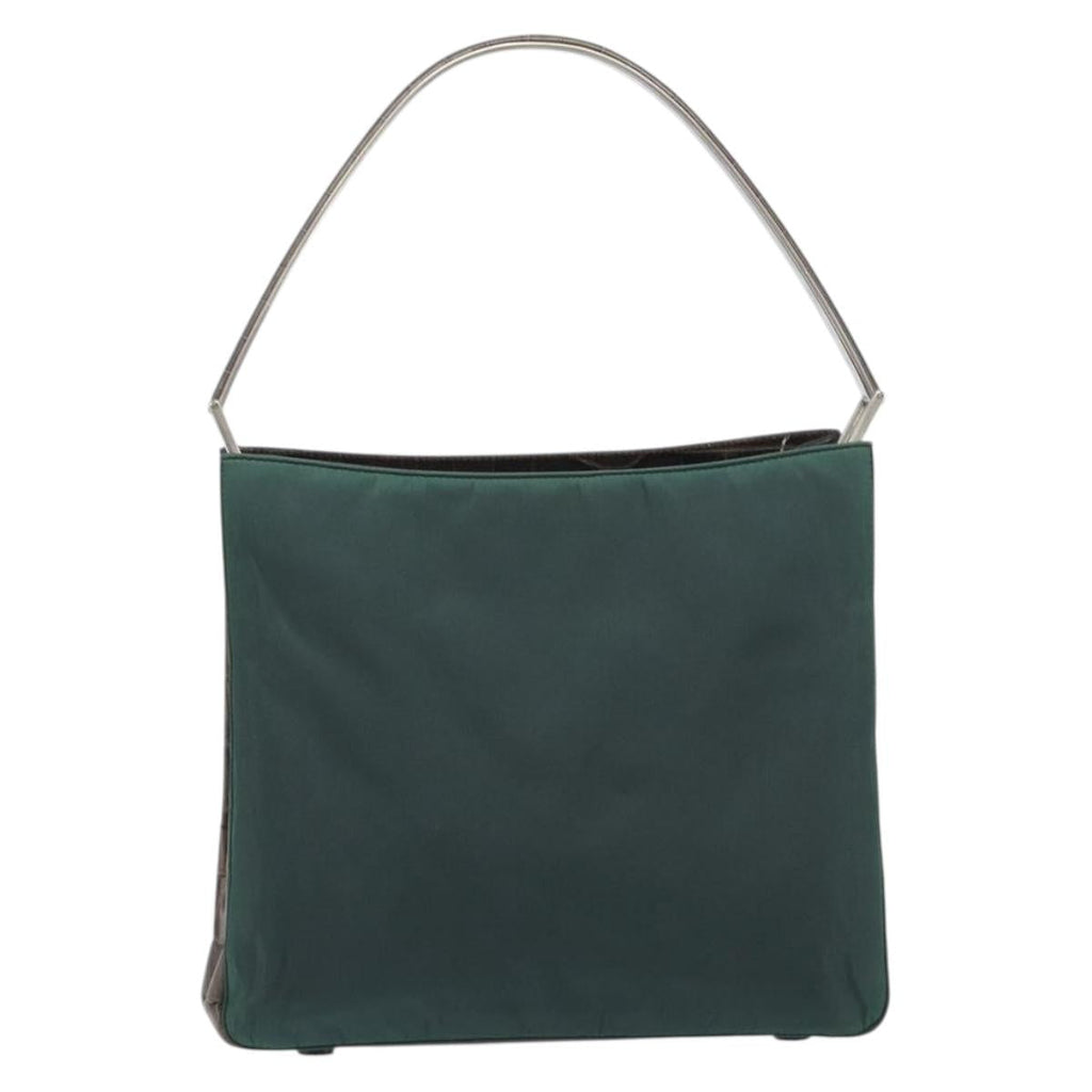 PRADA Metal Handle Shoulder Bag Nylon Green Silver Auth 209835A
