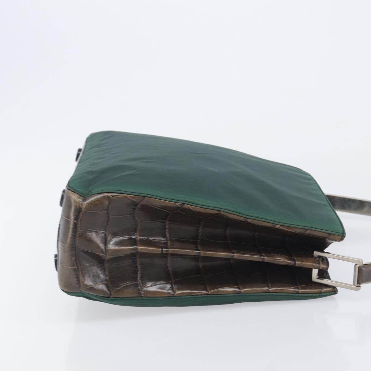 PRADA Metal Handle Shoulder Bag Nylon Green Silver Auth 209835A
