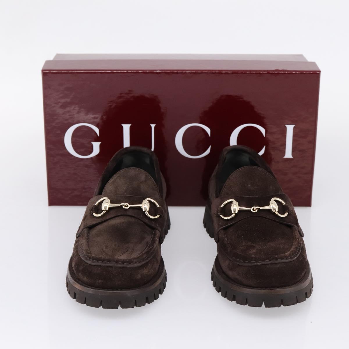GUCCI Horsebit Loafers Suede 23.5 cm Brown Gold Auth 209950V
