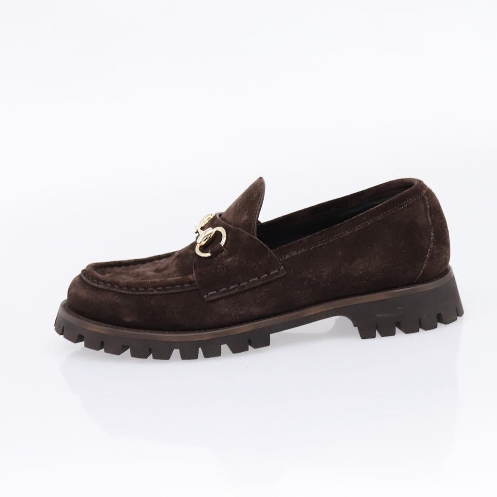 GUCCI Horsebit Loafers Suede 23.5 cm Brown Gold Auth 209950V