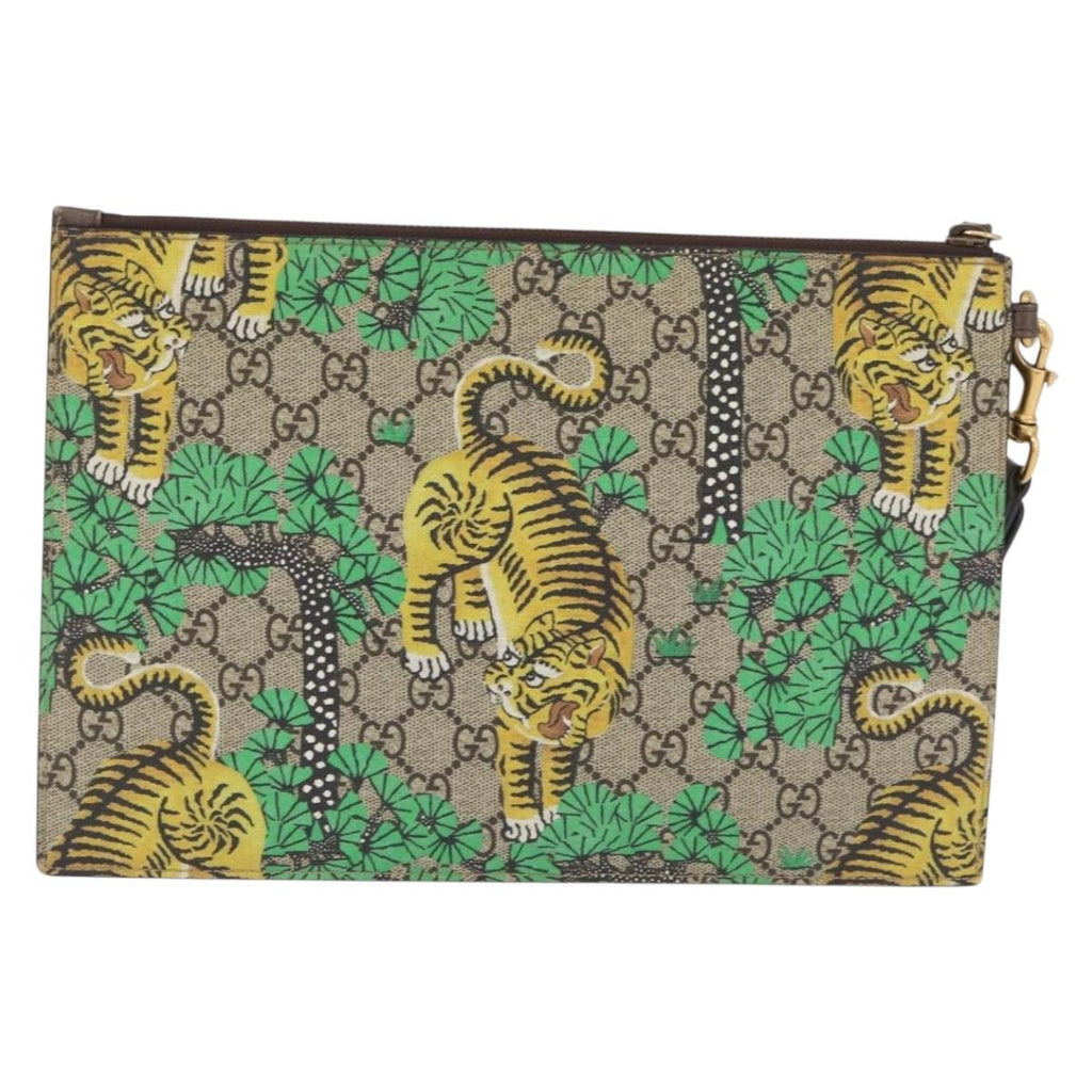 GUCCI GG Supreme Tiger Clutch Bag PVC Leather Beige Gold 451473 Auth 210006V