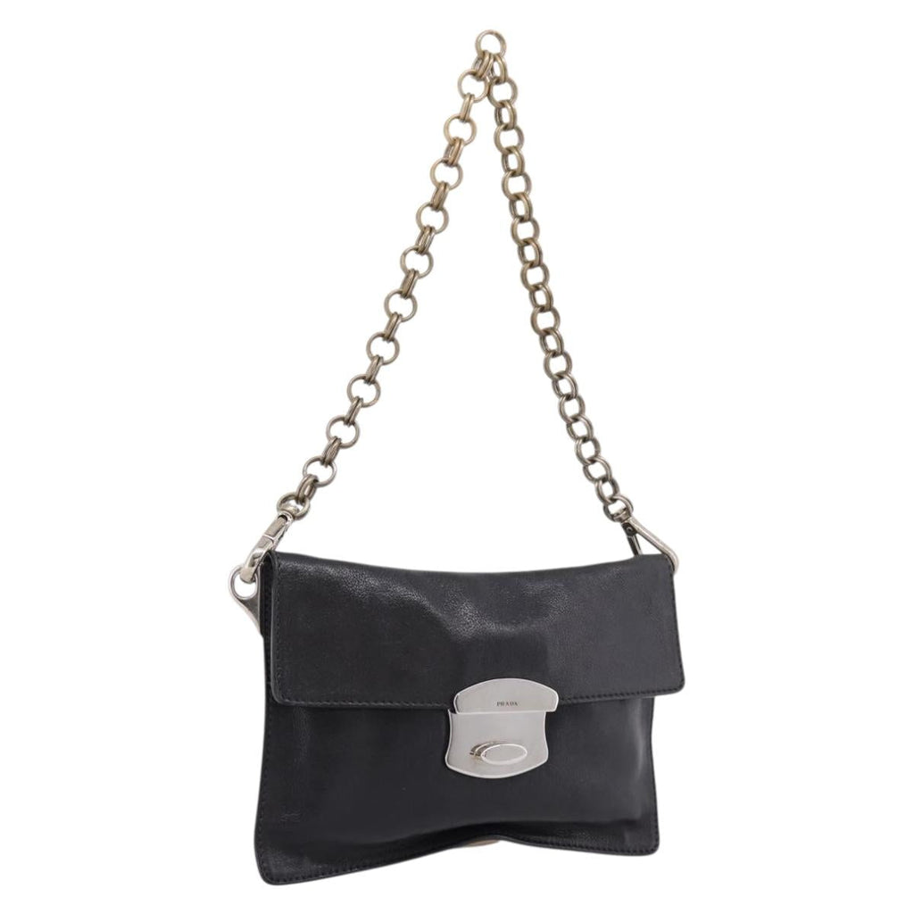 PRADA Chain Shoulder Bag Leather Black Silver Auth 210166A