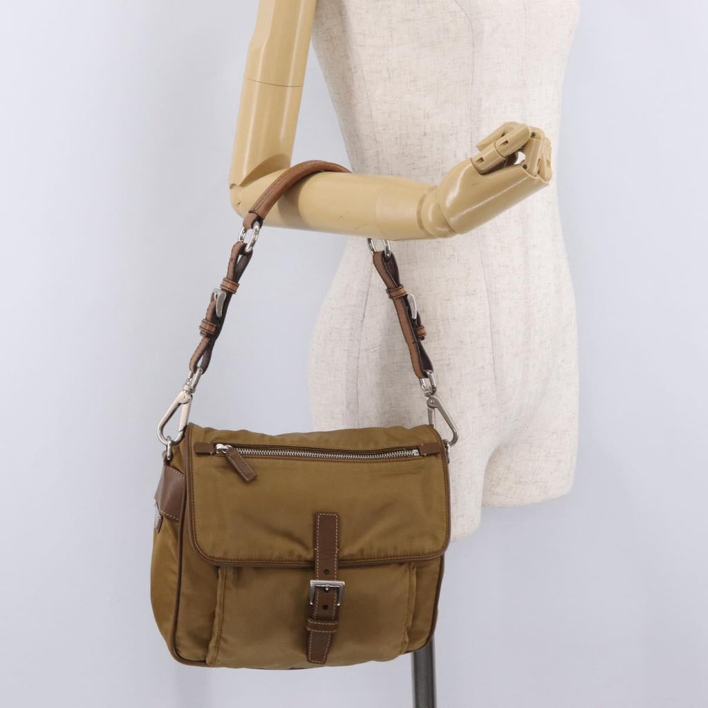 PRADA Shoulder Bag Nylon Brown Silver Auth 213150A