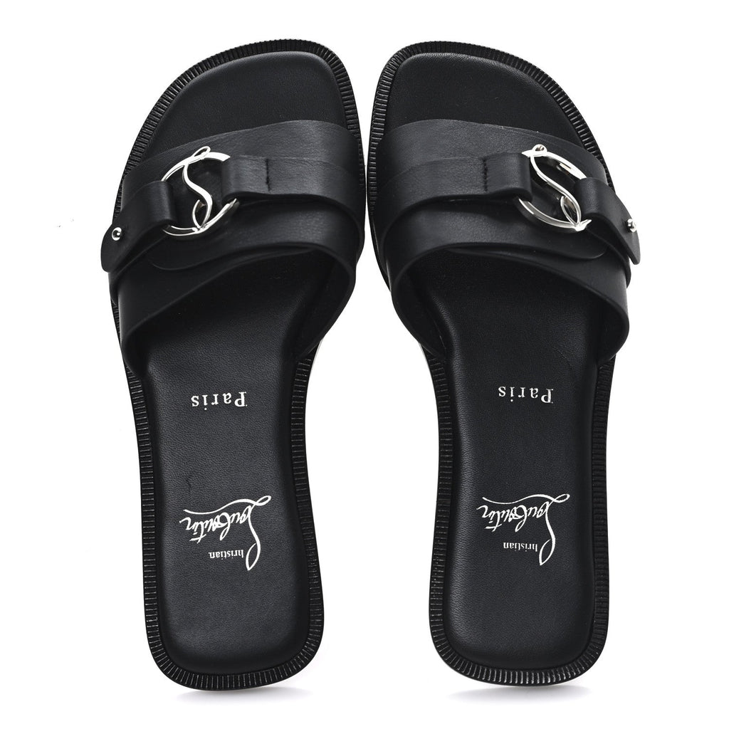 Calfskin Her In Roma Flat Slides 37.5 Black