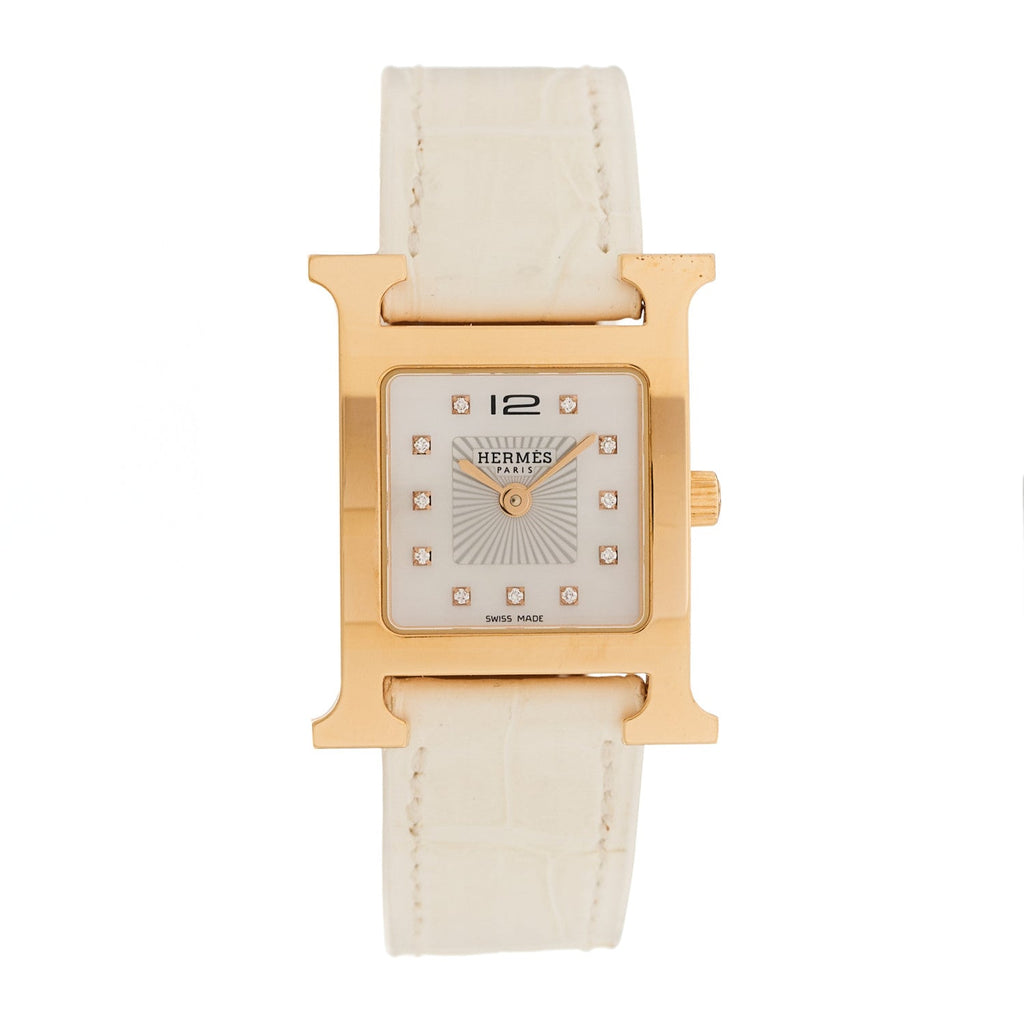 Stainless Steel Alligator Diamond Mother of Pearl 21mm Heure H Hour Quartz Watch Blanc