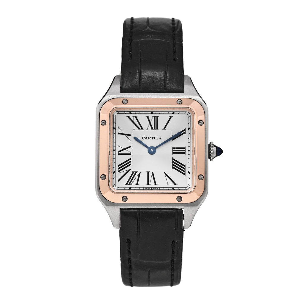 Stainless Steel 18K Pink Gold Alligator 27.5mm Santos Dumont Quartz Watch
